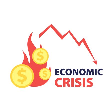 Vector flat illustration of dollar coins on fire with red down arrow and quote Economic crisis. Financial world crisis concept. Down of oil price, market decline, economy is in shock
のイラスト素材
