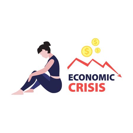 Vector flat illustration of sitting woman investor with red falling arrow and dollars coins. Financial world crisis concept. Down of oil price, market decline, woman investor is in shock
のイラスト素材