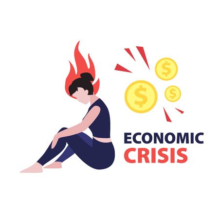 Vector flat illustration of sitting woman investor in stressed with head on fire and dollars coins and phrase "economic crisis". Financial world crisis concept. Down of oil price, market decline
のイラスト素材