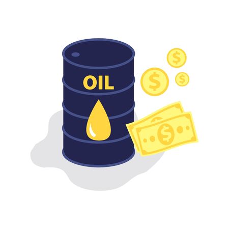 Vector flat illustration of barrel of oil with dollars cash and coins. Financial world crisis concept. Down of oil price, market decline, economy is in shock
のイラスト素材