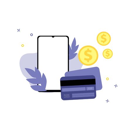 Vector illustration of smartphone with credit or debit plastic card and dollar coins.  Online shopping, shopping app, exchange money concept. Smartphone online paymentsのイラスト素材