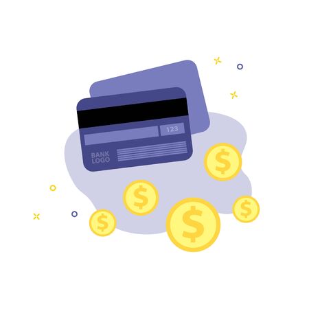 Vector isolate illustration of credit or debit plastic cardwith dollar or cent coins. Bussiness or finance, cash or plastic money conceptのイラスト素材