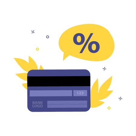 Vector isolate illustration of credit or debit plastic card with bubble speech and percent. Bussiness or finance concept. Saleのイラスト素材