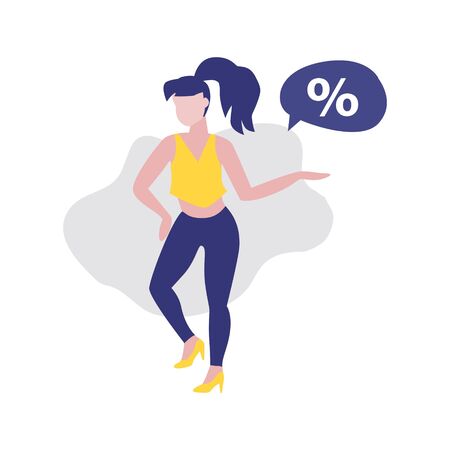 Vector illustration of girl or woman with speech bubble and percent. Sale, online shopping, shopping app, consumer, discount offer concept.のイラスト素材