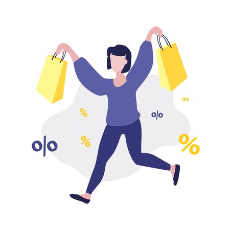 Vector illustration of happy girl or woman running with shopping bags above head and falling down percent around her. Sale, online shopping, shopping app, consumer, discount offer concept.のイラスト素材