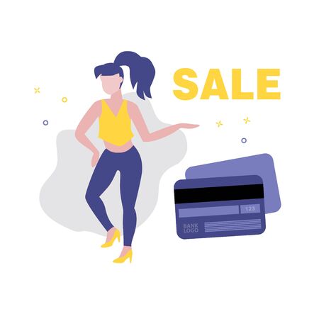 Vector illustration of girl or woman showing word sale and plastic credit or payment card. Sale, online shopping, shopping app, consumer, discount offer concept.のイラスト素材