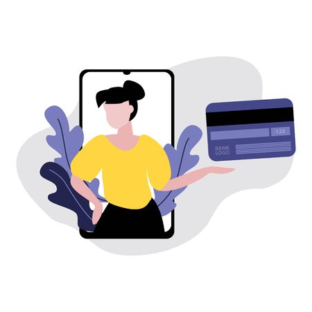 Vector illustration of girl or woman with payment card . Sale, online shopping, shopping app, consumer  concept. Plastic credit card and smartphone. Online payments by credit card templateのイラスト素材