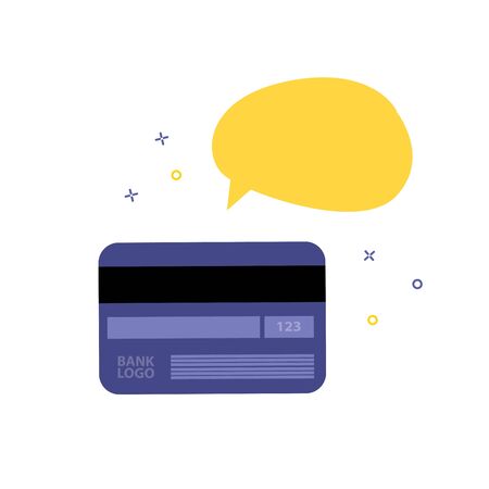 Vector illustration of plastic credit payment card with yellow bubble speech. Online shopping, shopping app, buying online concept. Smartphone online payments and e-commerce iconのイラスト素材