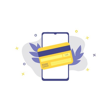 Vector illustration of smartphone with credit payment card. Online shopping, shopping app, buying online concept. Smartphone online payments and e-commerceのイラスト素材