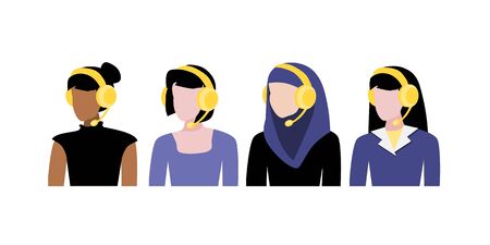 Vector illustration set of different women avatars with headphones with microphones, Black, white and muslim women workers at call centre. Freelance woman job. Online help and consultation, remote workのイラスト素材