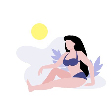 Vector illustration of white woman on the beach sitting under the sun. Woman in purple swim suite or bikini tanning on vacation. Relaxing body positive woman on weekend concept. Flat designのイラスト素材