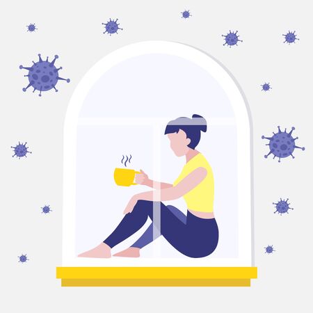 Vector illustration of sitting on the window girl with cup of hot drink like coffee or tea on quarantine. Viruses around window. Coronavirus concept. Remote work from home. Stay home.のイラスト素材