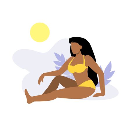 Vector illustration of black woman or tan woman on the beach sitting under the sun. Woman in yellow swim suite or bikini tanning on vacation. Relaxing tanning woman on weekend concept. Flat designのイラスト素材
