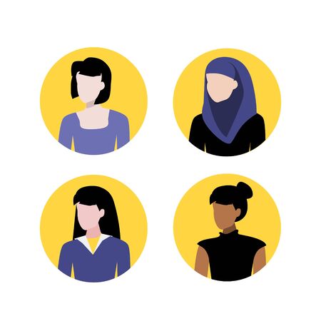Vector illustration set of muslim, black and white women portraits. Round flat icons. Social network avatars. User pics. Woman face profile icon.のイラスト素材