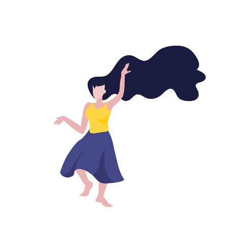 Vector illustration of dancing woman in long skirt with dark hairs. Wild femininity, woman power. Love your body concept. Celebrate lifeのイラスト素材