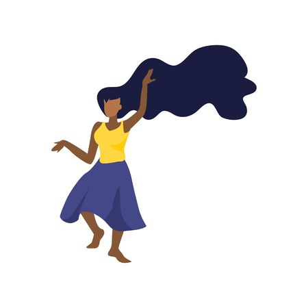 Vector illustration of dancing black happy woman in long skirt with dark hairs. Wild femininity, woman power. Love your body concept. Celebrate lifeのイラスト素材
