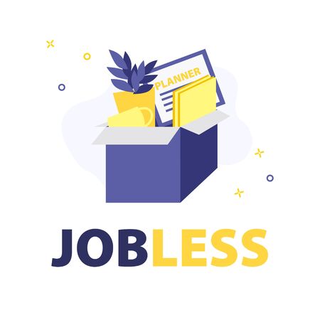 Vector illustration of box of fired employee with work stuff like documents, cup, plant in pot and planner. Jobless problem, loose job cause coronavirus. Uneployment on quarantineのイラスト素材