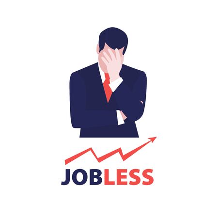 Vector illustration of despair businessman with up graph arrow and word jobless. Jobless problem, lose job. Uneployment, economic crisis, bussiness and financial depression.のイラスト素材