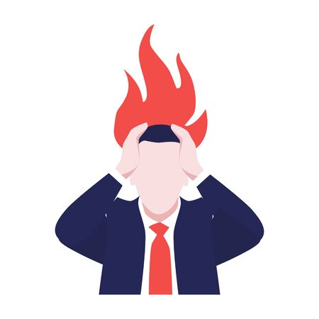 Vector illustration of man in suit in  panic with fire above his head. Economic crisis, markets down, Financial crisis and bussiness in danger. World's economic recession, bancruptのイラスト素材
