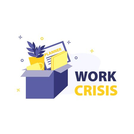 Vector illustration of box with work stuff such as plant, planner, cup and documents and words "work crisis".のイラスト素材