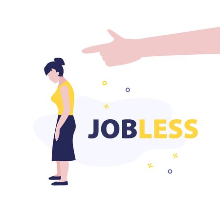 Vector illustration of fired woman in stress and big boss hand pointing on the door.のイラスト素材
