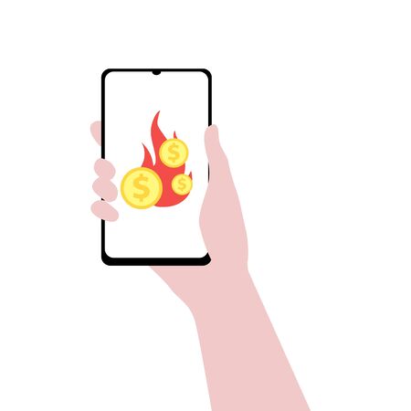 Vector illustration of hand with smartphone with money on fire on screen. Financial world crisis and oil war concept. Down of oil price, market decline. Investors lose their money on marketsのイラスト素材