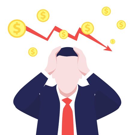 Vector illustration of man in suit in  panic with falling down dollars and graph arrow. Economic crisis, markets down, Financial crisis and bussiness in danger. World's economic recession, bancruptのイラスト素材
