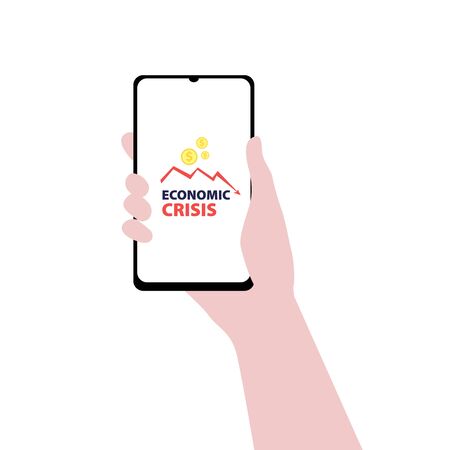 Vector illustration of hand with smartphone with falling down economic graph with dollar coins on screen. Economic depression, oil crisis, panic on markets, economic recession. Economic online newsのイラスト素材