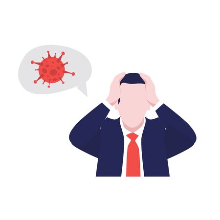 Vector illustration of man in suit in panic with virus in a speech bubble or cloud. Economic crisis.のイラスト素材
