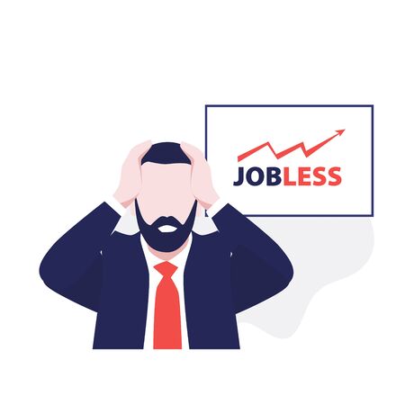 Vector illustration of man with beard in suit in panic with words jobless on the desk. Economic crisis. Bussiness in danger. World's economic recession, bancrupt, jobless and unemploymentのイラスト素材