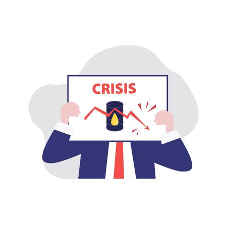 Vector illustration of man in suit and banner in his hands with down price statistics cause economic crisis and barrel of oil. Falling markets, drop bonds and stocks. Oil crisisのイラスト素材