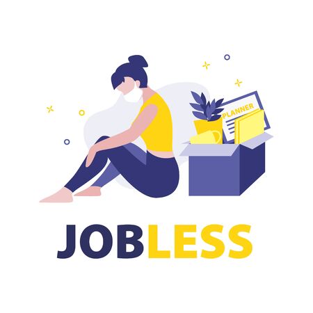 Vector illustration of fired woman in mask with box with her work stuff such as plant, planner, cup and documents.のイラスト素材