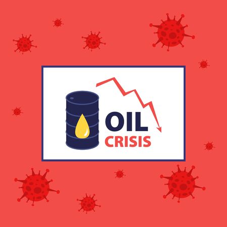 Vector illustration of desk with falling down statistics of oil price and oil barrel on red background with viruses. Economic depression, oil crisis, panic on markets, economic recession. Economic warのイラスト素材