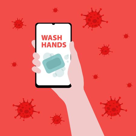 Vector illustration of hand with smartphone with soap and slogan Wash hands on screen around viruses. Coronavirus concept. Online awareness. Clean your phone and wash handsのイラスト素材