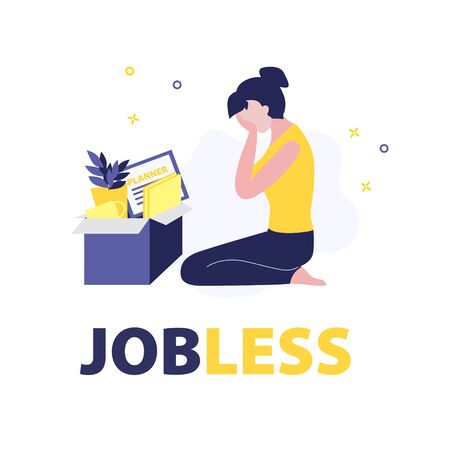 Vector illustration of fired woman in stress with box with her work stuff like planner, cup, plant in pot and documents.のイラスト素材