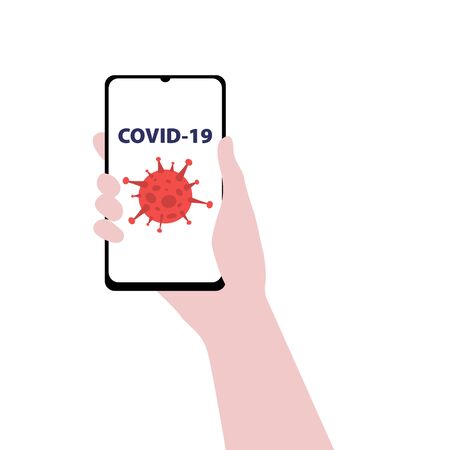 Vector illustration of hand with smartphone with covid-19 virus on screen. Coronavirus concept. Online awareness. Clean your phoneのイラスト素材
