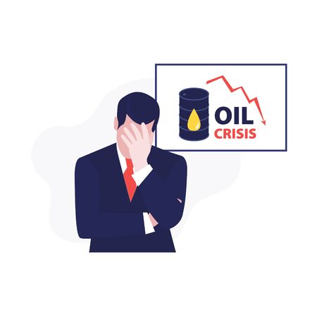 Vector illustration of man with palm on his face in suit and desk with down oil price statistics cause economic crisis and barrel of oil. Falling markets, drop bonds and stocks. Oil crisisのイラスト素材