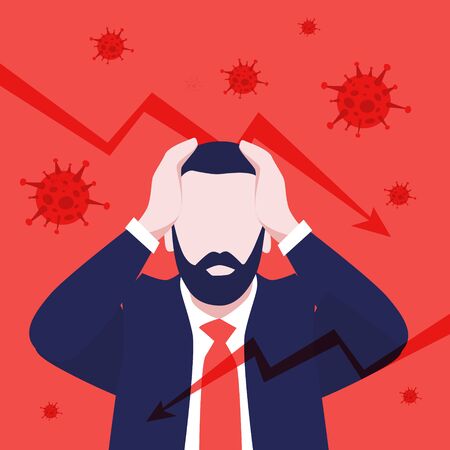 Vector illustration of man with beard in suit in panic  around viruses and falling down statistics graphs. Economic crisis. Financial crisis and bussiness in danger. World's economic recession, bancruptのイラスト素材