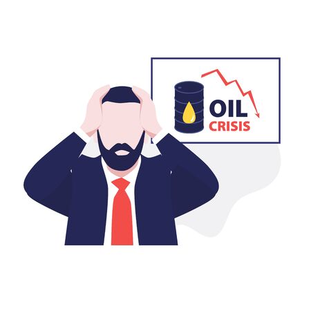illustration of bussinessman with beard and tie in stress and panic with down price statistics on the desk cause oil economic crisis. Falling markets, drop bonds and stocks.のイラスト素材