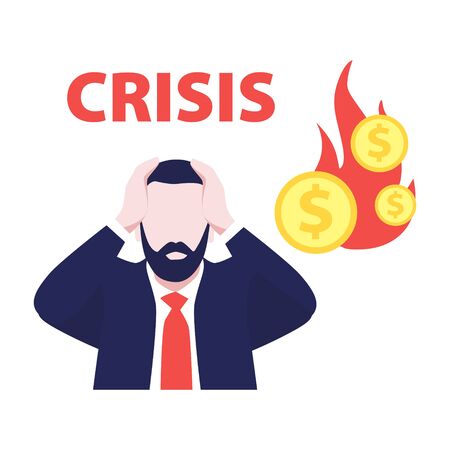 Vector illustration of man with beard in suit in panic with money word Crisis and money in fire. Economic crisis. Financial crisis and bussiness in danger. World's economic recession, bancruptのイラスト素材