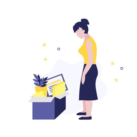 Vector illustration of fired woman in stress with box of works stuff.のイラスト素材