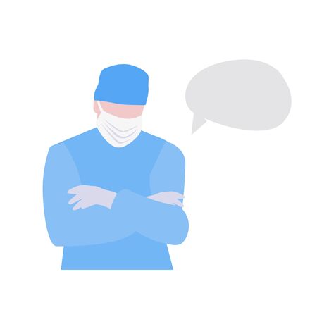 Vector illustration of doctor or nurse in mask with cross hands on chest and empty speech bubble or cloud. Medical warning conceptのイラスト素材