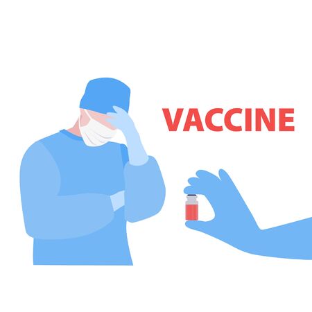 Vector handdrawn illustration of nurse or doctor in mask and gloved hand with ampoule with the vaccine. Medical, search for a cure conceptのイラスト素材