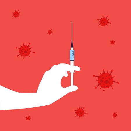Vector handdrawn illustration of nurse or doctor gloved hand with syringe with the vaccine and viruses around. Vaccine covid-19. Medical conceptのイラスト素材