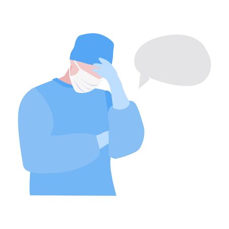 Vector handdrawn illustraion of tired doctor or nurse in mask with empty speech bubble. Medical concept. Thinking about healthのイラスト素材