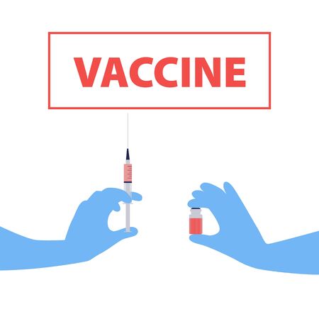 Vector handdrawn illustration of nurse or doctor gloved hands with syringe and ampoule with the vaccine and word Vaccine in red frame. Vaccine covid-19. Medical conceptのイラスト素材