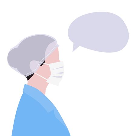 Vector handdrawn illustration of nurse or doctor in mask with speech bubble or cloud on white background. Talking person conceptのイラスト素材