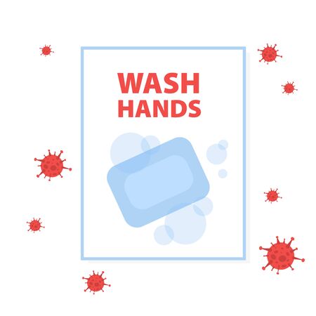 Vector illustration of poster with phrase Wash hands and soap with bubbles around viruses. Wash hands and hygiene concept. のイラスト素材