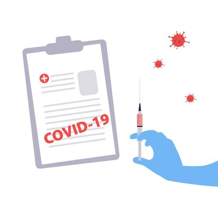Vector handdrawn illustration of nurse or doctor gloved hand with syringe with the vaccine and viruses around and the form with the diagnosis Covid-19. Medical conceptのイラスト素材
