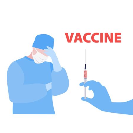 Vector handdrawn illustration of nurse or doctor in stress and gloved hand with syringe with the vaccine. Vaccine covid-19. Medical conceptのイラスト素材